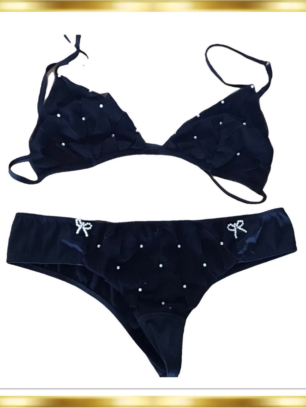 La Perla Black Label Nastrini Pearl Bow Embellishments Black Set (Bra 3 panty 2)